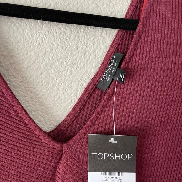 Topshop Ribbed Maroon Bodycon Lettuce Hem Long Sleeve Fall V neck Midi Dress 8 - Picture 6 of 10